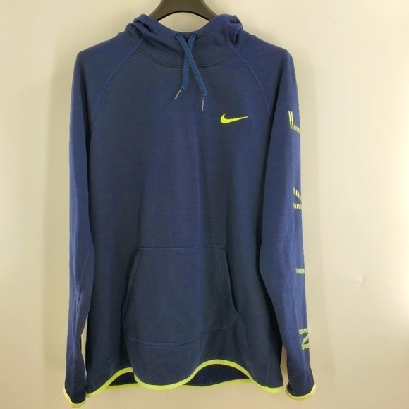 Nike Dri-fit navy blue and neon green hooded sweatshirt size Large - Picture 1 of 12
